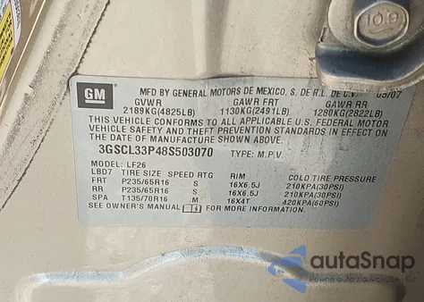 2008 Saturn Vue 4-Cyl Xe z USA, uszkodzony, nr VIN 3GSCL33P48S503070